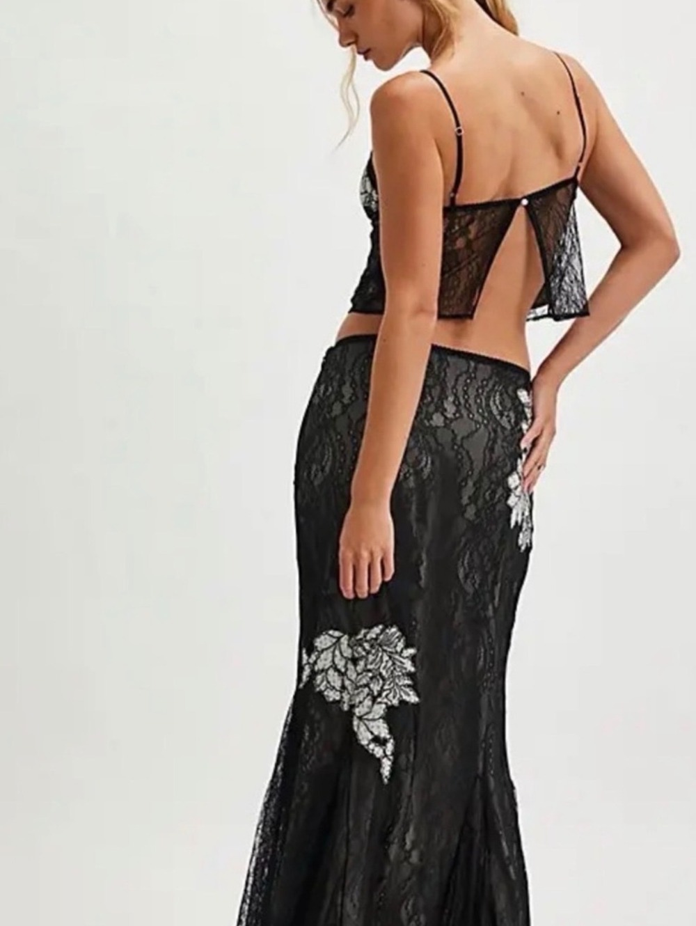 Free People Black Lace Floral Applique Camisole and Maxi Skirt Set, Size M - Picture 3 of 7